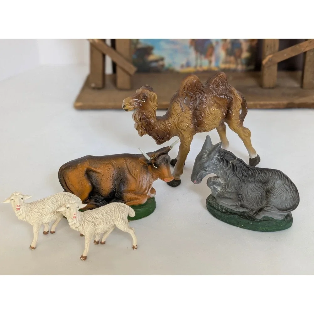Vintage Nativity Set Hand Painted Paper Mache Italy Creche Stable Manger 14 Pcs